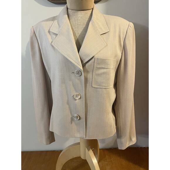 Vtg Kasper Pant Suit Women Sz 14 Beige Pinstripe Wide Leg Blazer Career Feminine - Picture 1 of 12